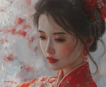Peinture à l'huile originale sur toile peinte à la main Mariée chinoise beauté fille en robe rouge - Kikooyou Art Gallery
