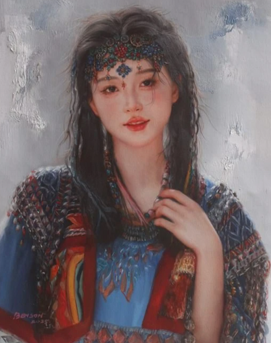 portrait Belle jeune fille tibétaine peinture originale huile sur toile - Kikooyou Art Gallery