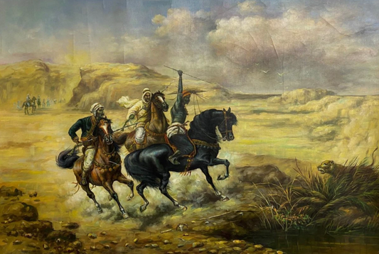 Peinture à l'huile peinte à la main - Arabes orientalistes à cheval chassant au lion - Kikooyou Art Gallery