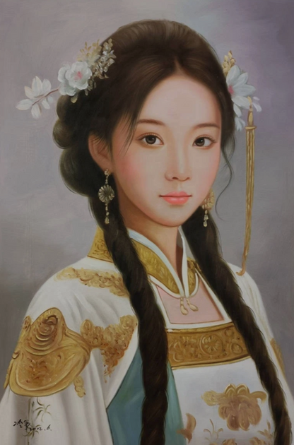 Peinture à l'huile sur toile peinte à la main belle femme chinoise robe aparat par Leng Jun - Kikooyou Art Gallery