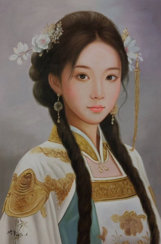 Peinture à l'huile sur toile peinte à la main belle femme chinoise robe aparat par Leng Jun - Kikooyou Art Gallery
