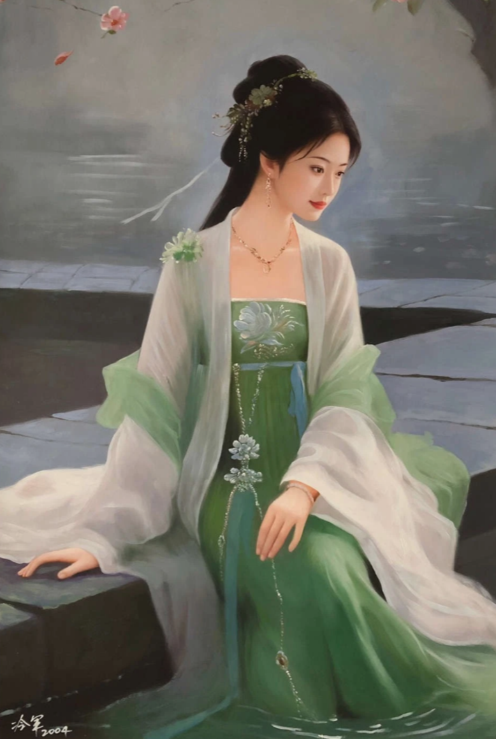 Peinture à l'huile chinoise sur toile peinte à la main belle femme robe verte par Leng Jun - Kikooyou Art Gallery
