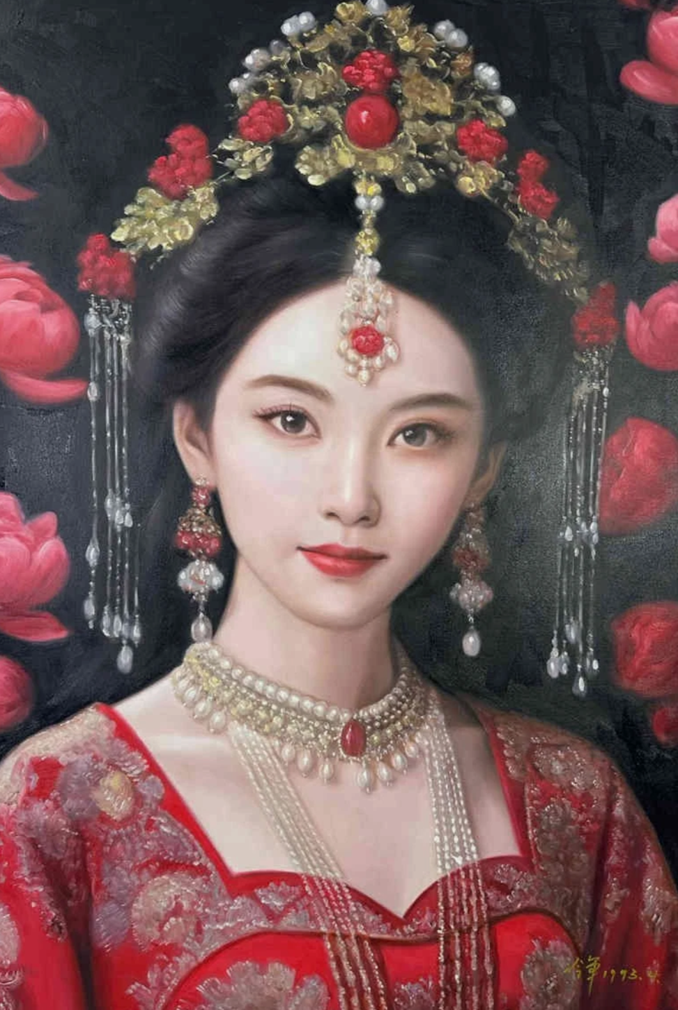Peinture à l'huile sur toile peinte à la main belle femme chinoise tenue aparat rouge par Leng Jun - Kikooyou Art Gallery