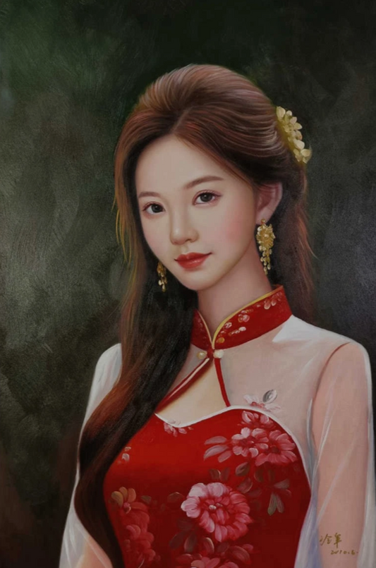 Peinture à l'huile sur toile peinte à la main femme chinoise par Leng Jun - Kikooyou Art Gallery