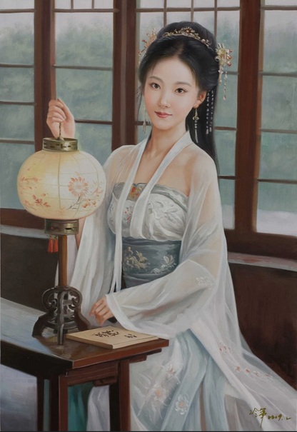 Peinture à l'huile sur toile peinte à la main belle femme chinoise avec lampe - Kikooyou Art Gallery