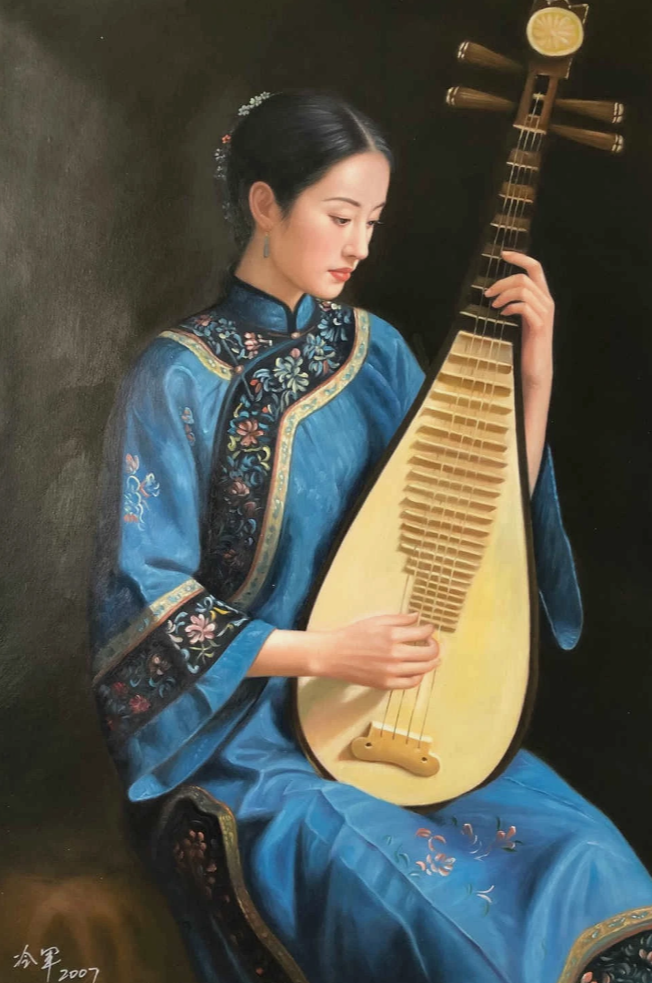 Peinture à l'huile chinoise sur toile peinte à la main belle femme musicienne traditionnelle par Leng Jun - Kikooyou Art Gallery