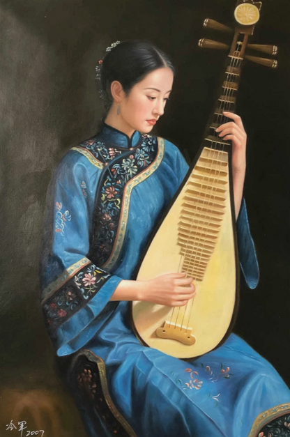 Peinture à l'huile chinoise sur toile peinte à la main belle femme musicienne traditionnelle par Leng Jun - Kikooyou Art Gallery