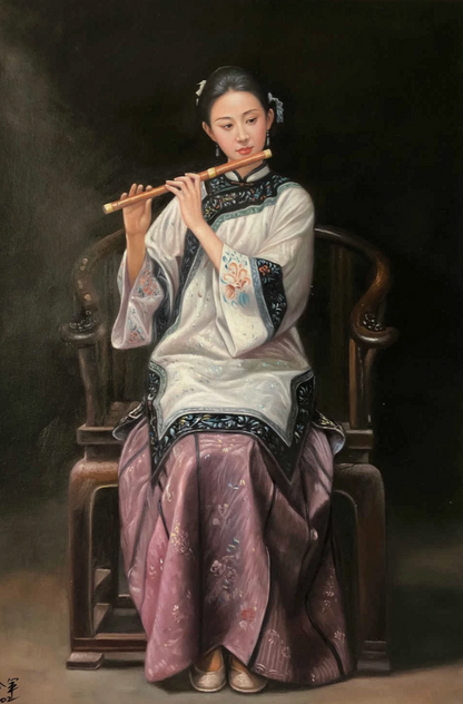Peinture à l'huile chinoise sur toile peinte à la main belle femme musicienne flutiste traditionnelle par Leng Jun - Kikooyou Art Gallery