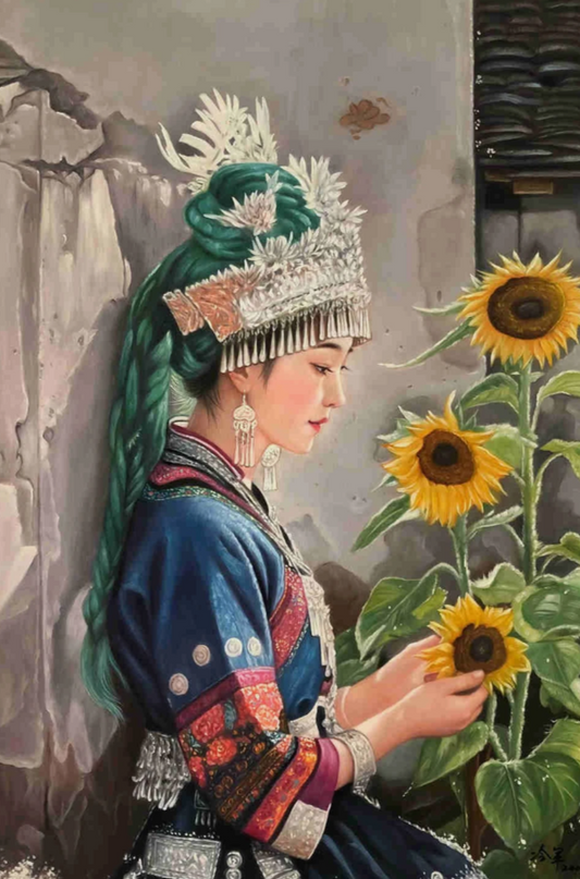 Peinture à l'huile sur toile peinte à la main belle femme chinoise tibet par Leng Jun - Kikooyou Art Gallery
