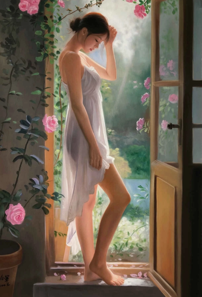 portrait femme chinoise dénudée devant fenêtre peinture huile sur toile - Kikooyou Art Gallery