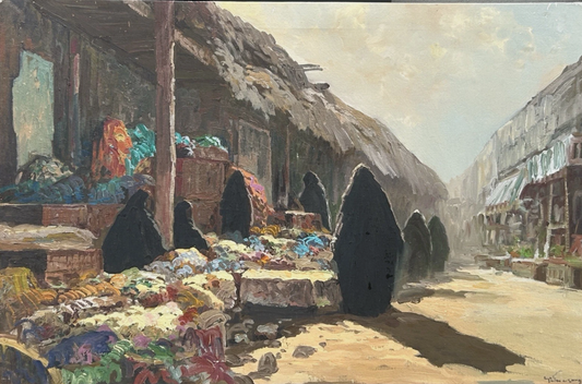 Peinture à l'huile vintage sur toile Orientalisme Moyen-Orient, Scène de marché 1980 Signé - Kikooyou Art Gallery