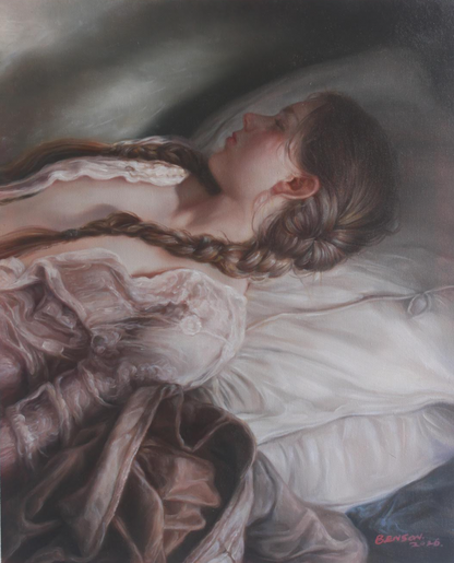 art érotique jeune fille endormie, peinture huile sur toile