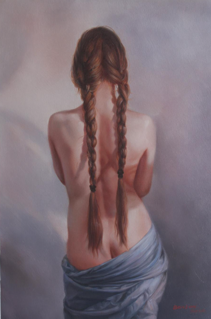 art érotique jeune fille dénudée de dos, peinture huile sur toile originale