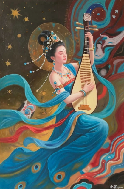 Peinture à l'huile chinoise sur toile peinte à la main belle femme musicienne par Leng Jun - Kikooyou Art Gallery