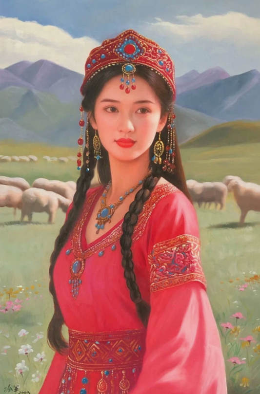 portrait femme chinoise en habit traditionnel huile sur toile - asiat woman oil painting on canvas - Kikooyou Art Gallery