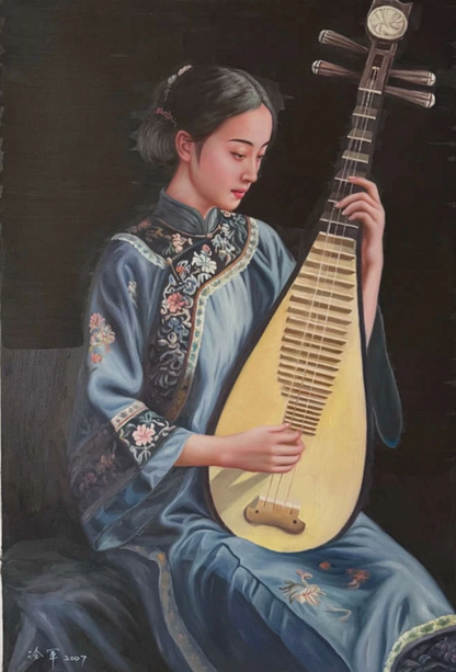 Peinture à l'huile chinoise sur toile peinte à la main belle femme musicienne par Leng Jun - Kikooyou Art Gallery