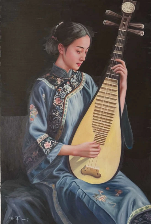 Peinture à l'huile chinoise sur toile peinte à la main belle femme musicienne par Leng Jun - Kikooyou Art Gallery