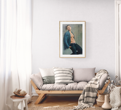 erotic art portrait of shirtless man original oil painting on canvas signed