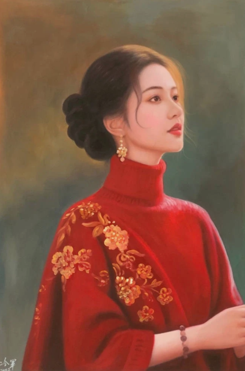 portrait femme chinoise en habit traditionnel huile sur toile - asiat woman oil painting on canvas - Kikooyou Art Gallery