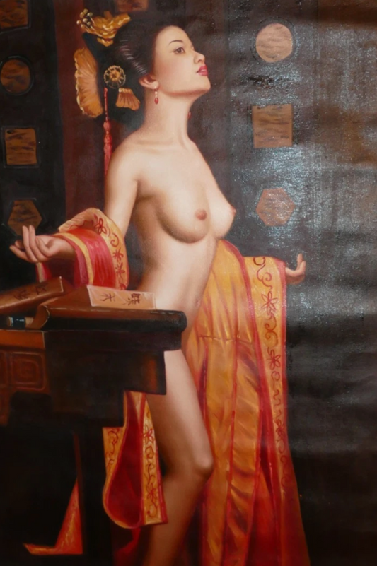 art-erotique-femme-asiatique nue-intégrale-belle-poitrine-peinture-huile-sur-toile-originale