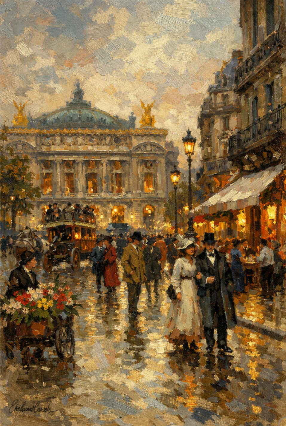peinture huile sur toile faite sur commande - scène rue de Paris OPERA GARNIER