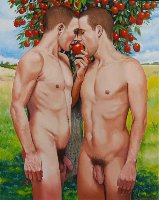 portrait deux hommes nus croquant la pomme au jardin d'eden peinture huile sur toile - Kikooyou Art Gallery - Kikooyou Art Gallery