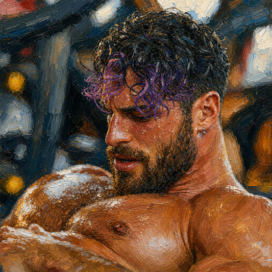 peinture huile sur toile faite sur commande - portrait homme musclé torse nu