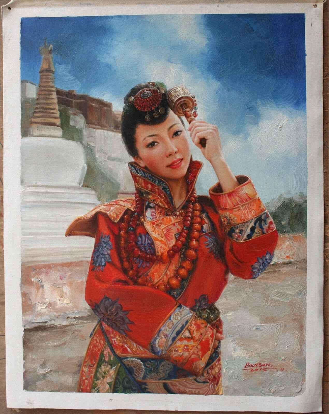 originale peinture à l'huile portrait fille tibétaine beauté femme 30"x40" - 75x100cm - Kikooyou Art Gallery - Kikooyou Art Gallery