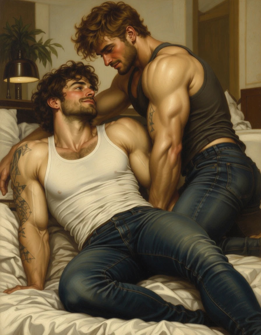 peinture huile sur toile faite sur commande - PORTRAIT AUTRE TEMPS  GAY LOVERS
