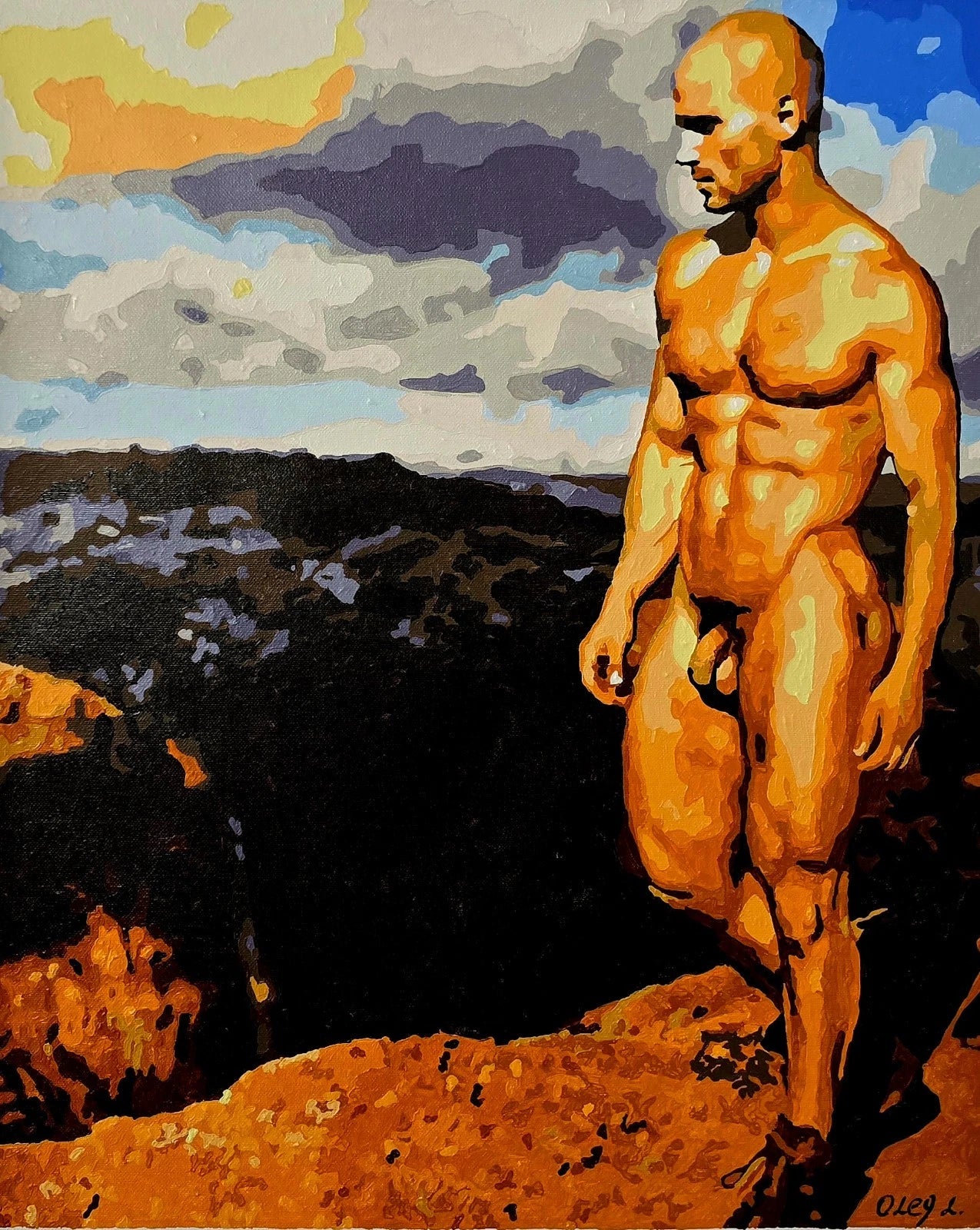 AT THE EDGE art-érotique-gay-peinture-huile sur toile-originale-homme-nu-intégrale