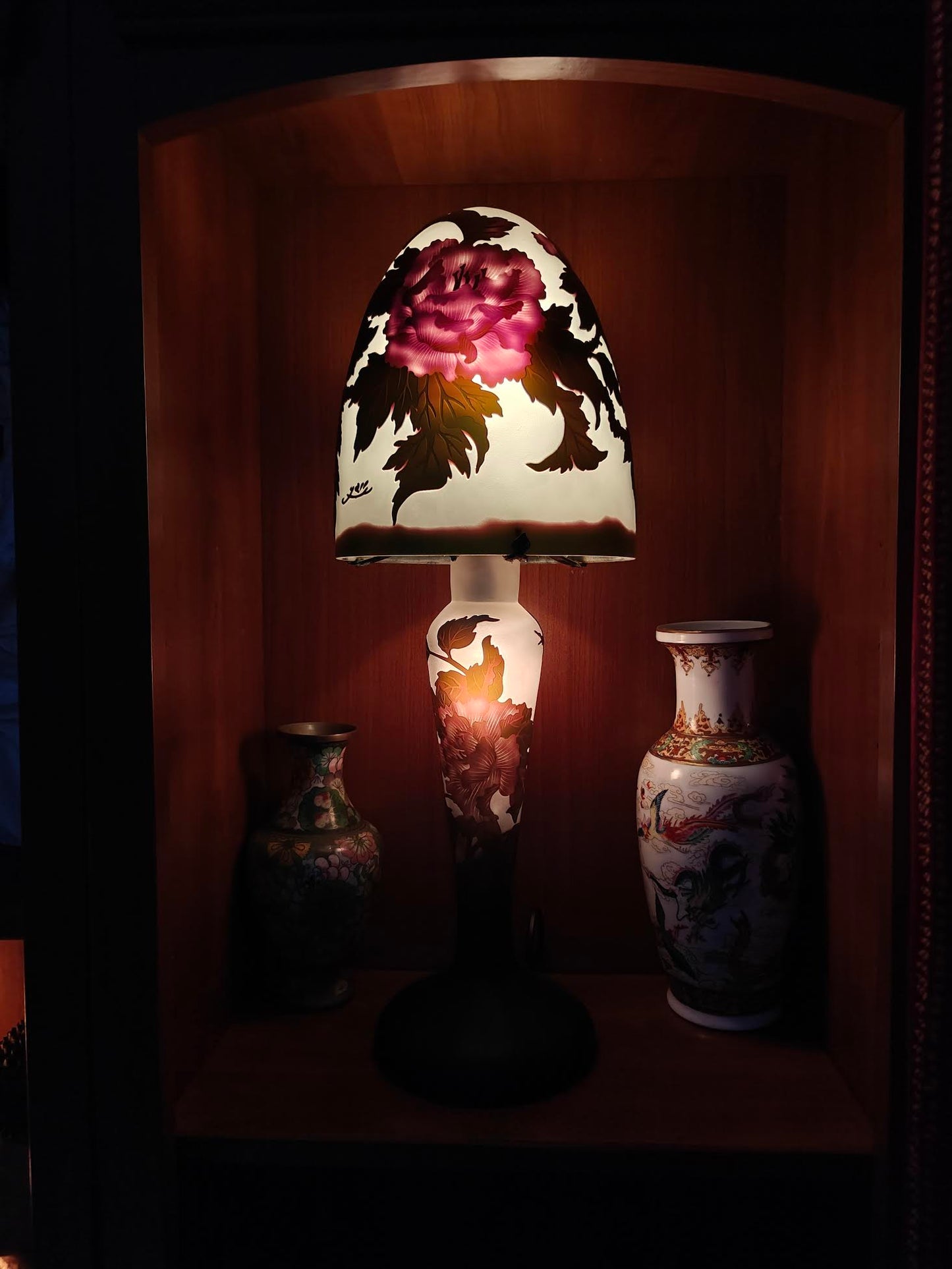 Lampe verre champignon Gallé Tip MOTIF FLEURS bicolor