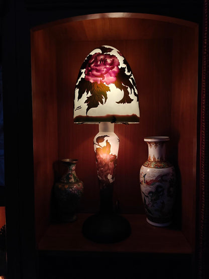 Lampe verre champignon Gallé Tip MOTIF FLEURS bicolor