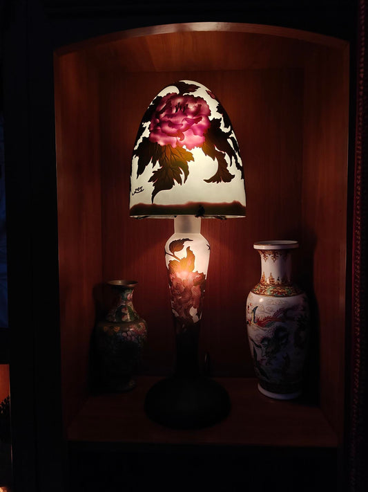 Lampe verre champignon Gallé Tip MOTIF FLEURS bicolor