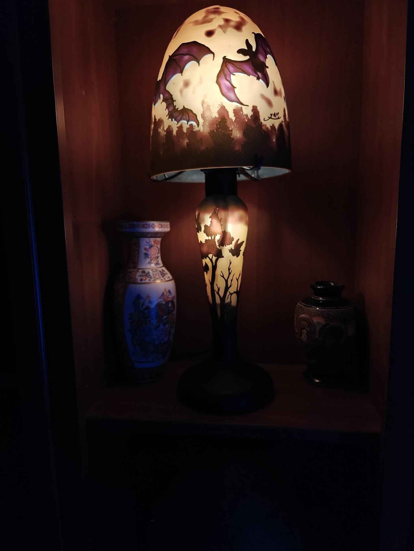 Lampe verre champignon Gallé Tip MOTIF chauve souris bicolor