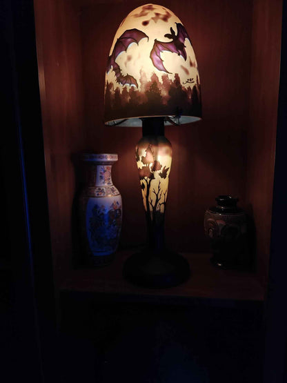 Lampe verre champignon Gallé Tip MOTIF chauve souris bicolor