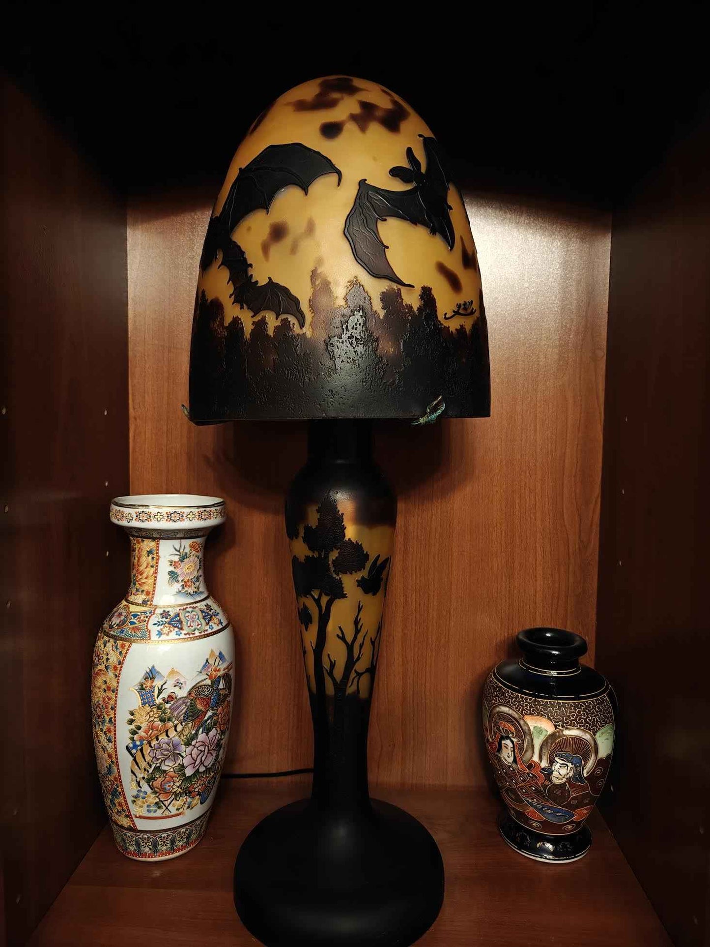 Lampe verre champignon Gallé Tip MOTIF chauve souris bicolor