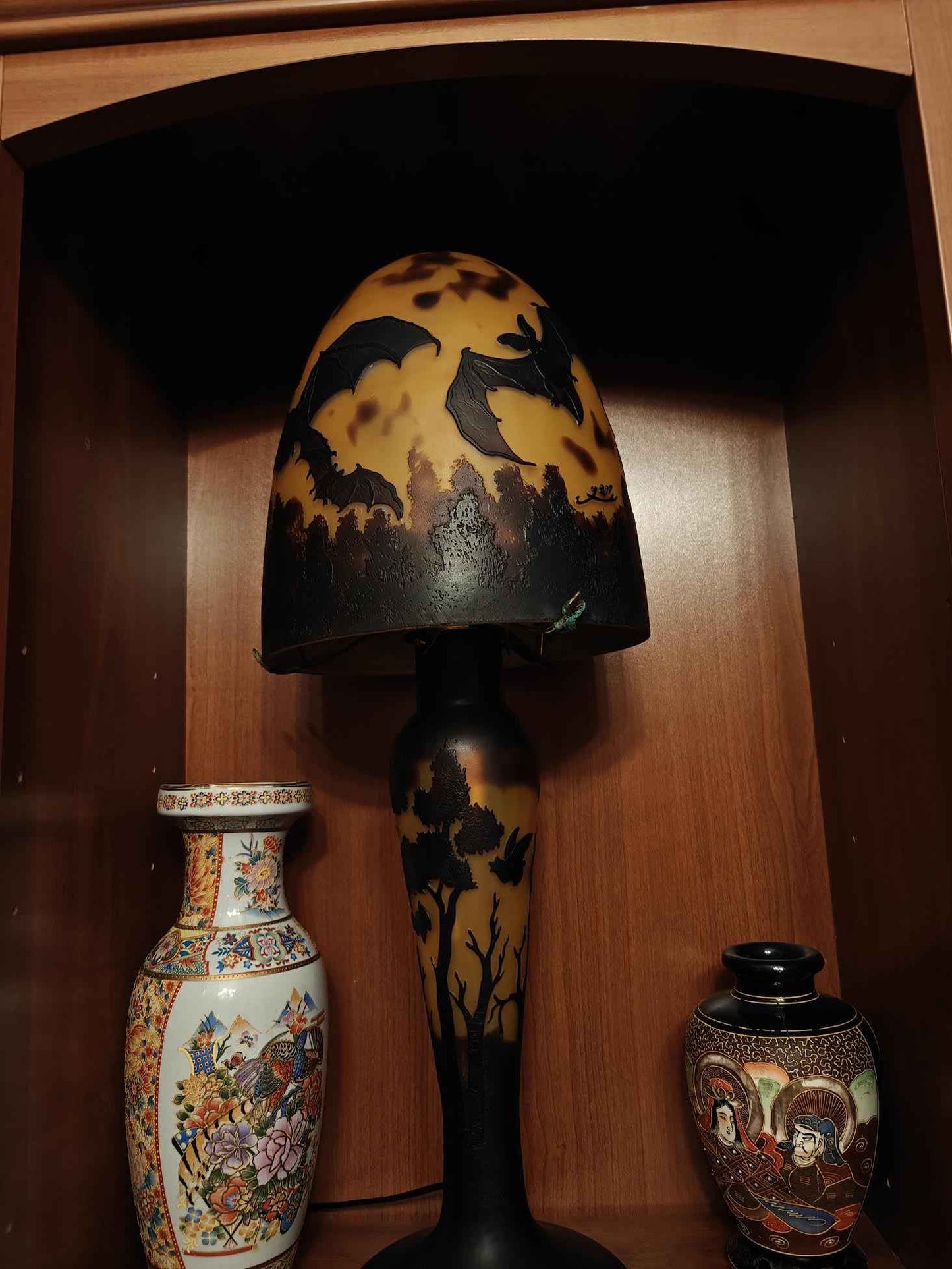 Lampe verre champignon Gallé Tip MOTIF chauve souris bicolor