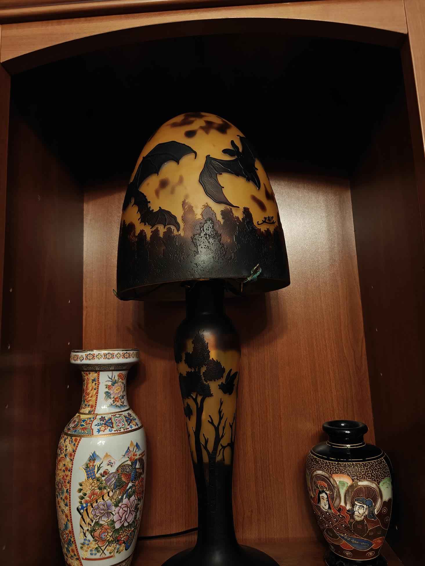 Lampe verre champignon Gallé Tip MOTIF chauve souris bicolor