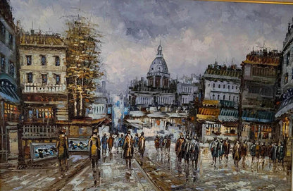 Ancien grand tableau huile sur toile paysage urbain impressionniste Paris - Kikooyou Art Gallery