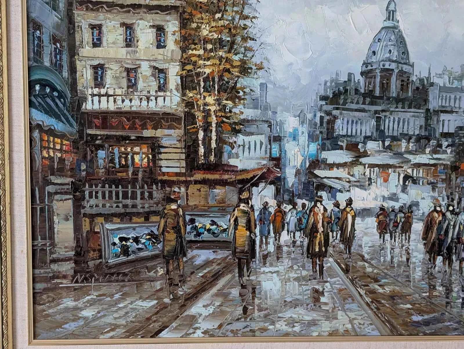 Ancien grand tableau huile sur toile paysage urbain impressionniste Paris - Kikooyou Art Gallery