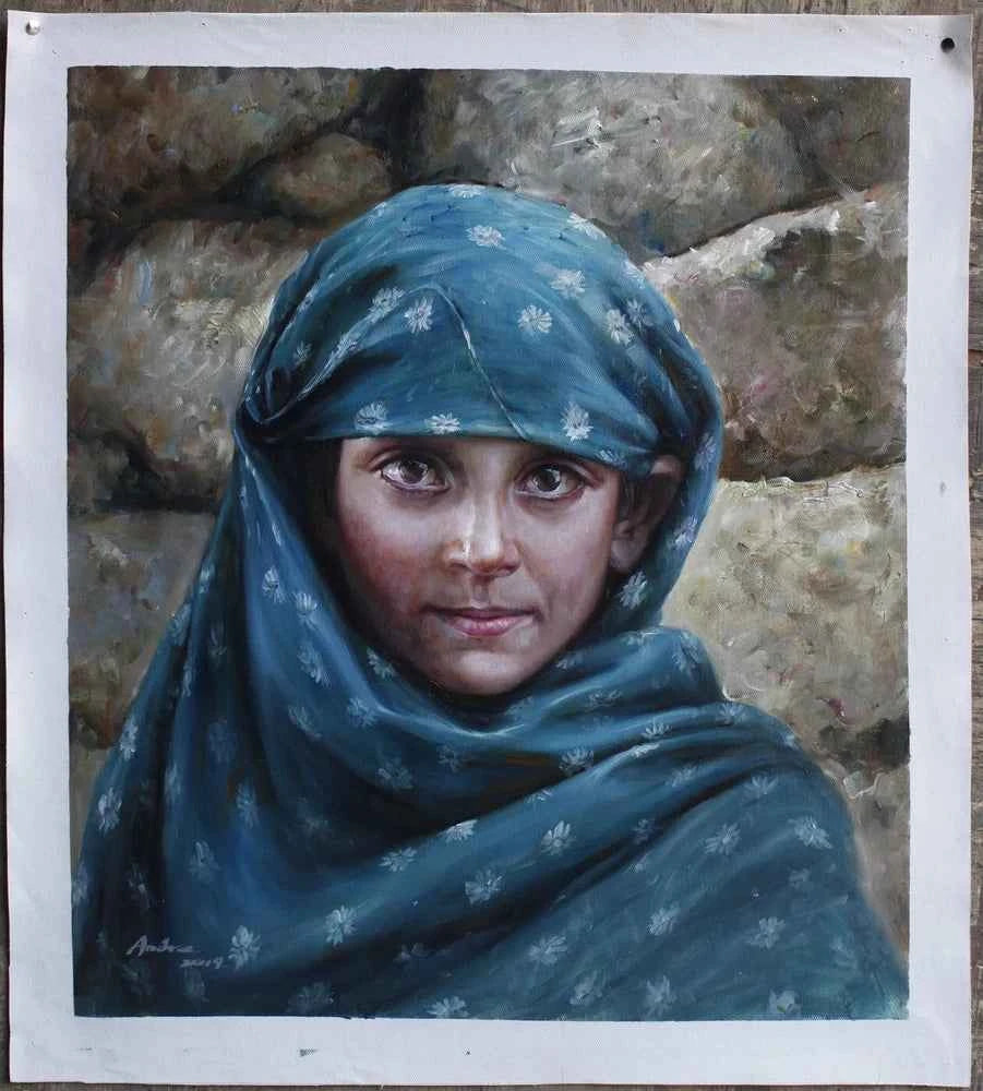 Portrait original à l'huile sur toile d'une petite fille afghane yeux verts