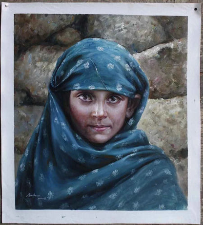 Portrait original à l'huile sur toile d'une petite fille afghane yeux verts