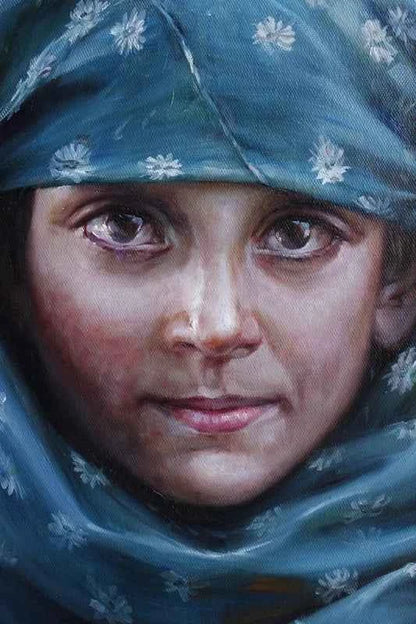 Portrait original à l'huile sur toile d'une petite fille afghane yeux verts