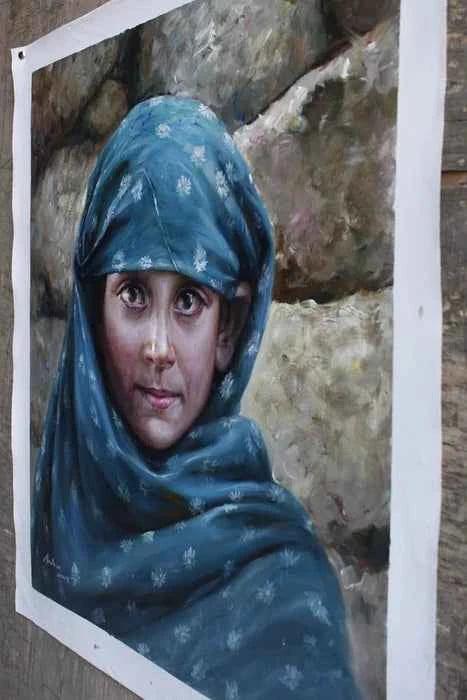 Portrait original à l'huile sur toile d'une petite fille afghane yeux verts