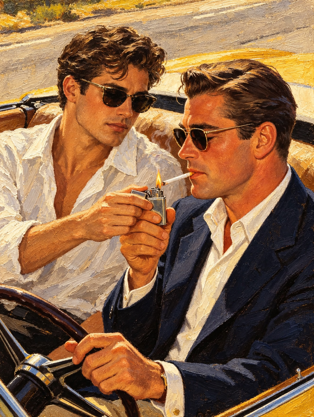 peinture huile sur toile faite sur commande - PORTRAIT GAY LOVERS CABRIOLET