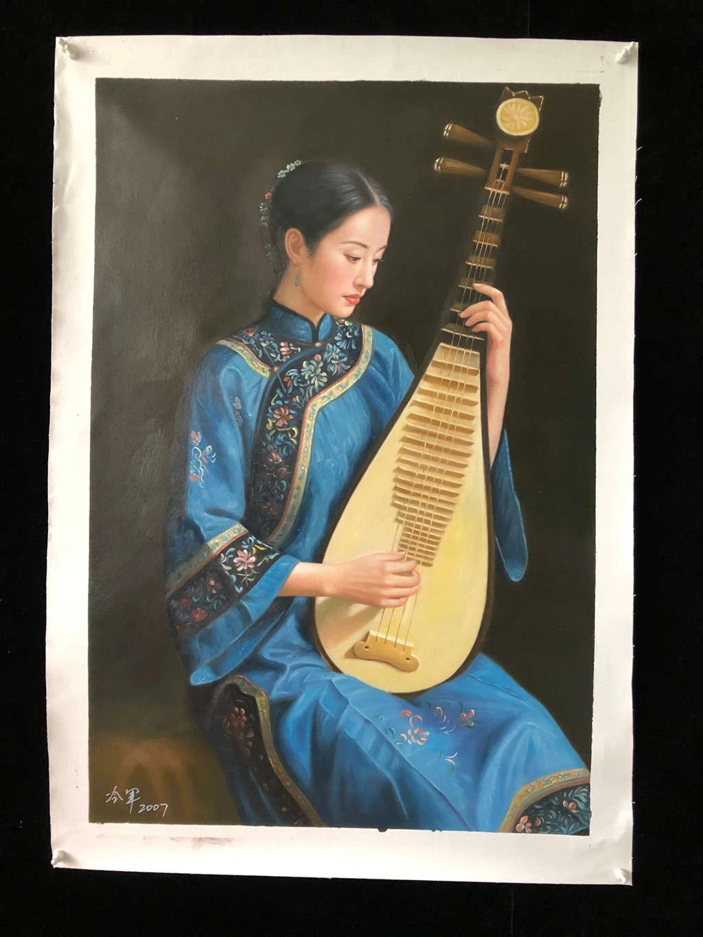 Peinture à l'huile chinoise sur toile peinte à la main belle femme musicienne traditionnelle par Leng Jun - Kikooyou Art Gallery