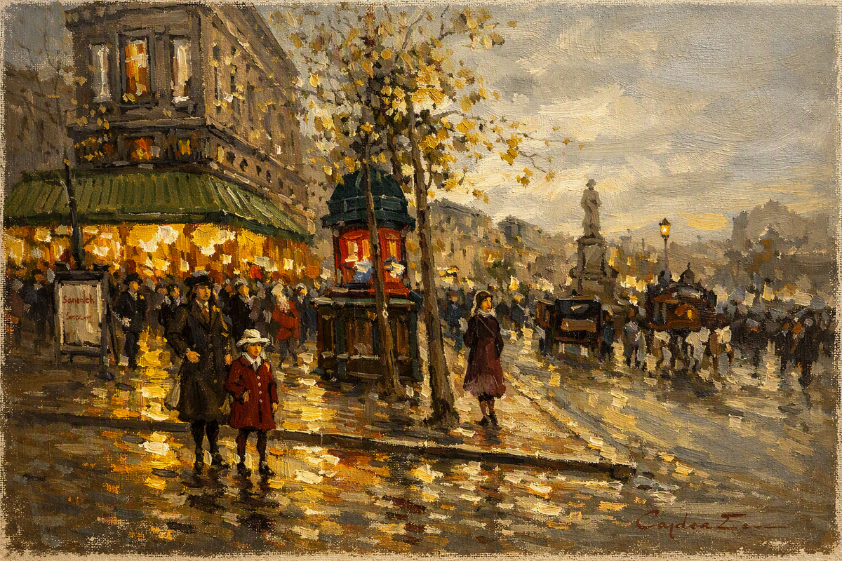 peinture huile sur toile faite sur commande - scène rue de Paris