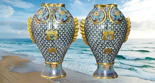 PAIRE VASES bronze cloisonné or 24 carats poisson doré Zun