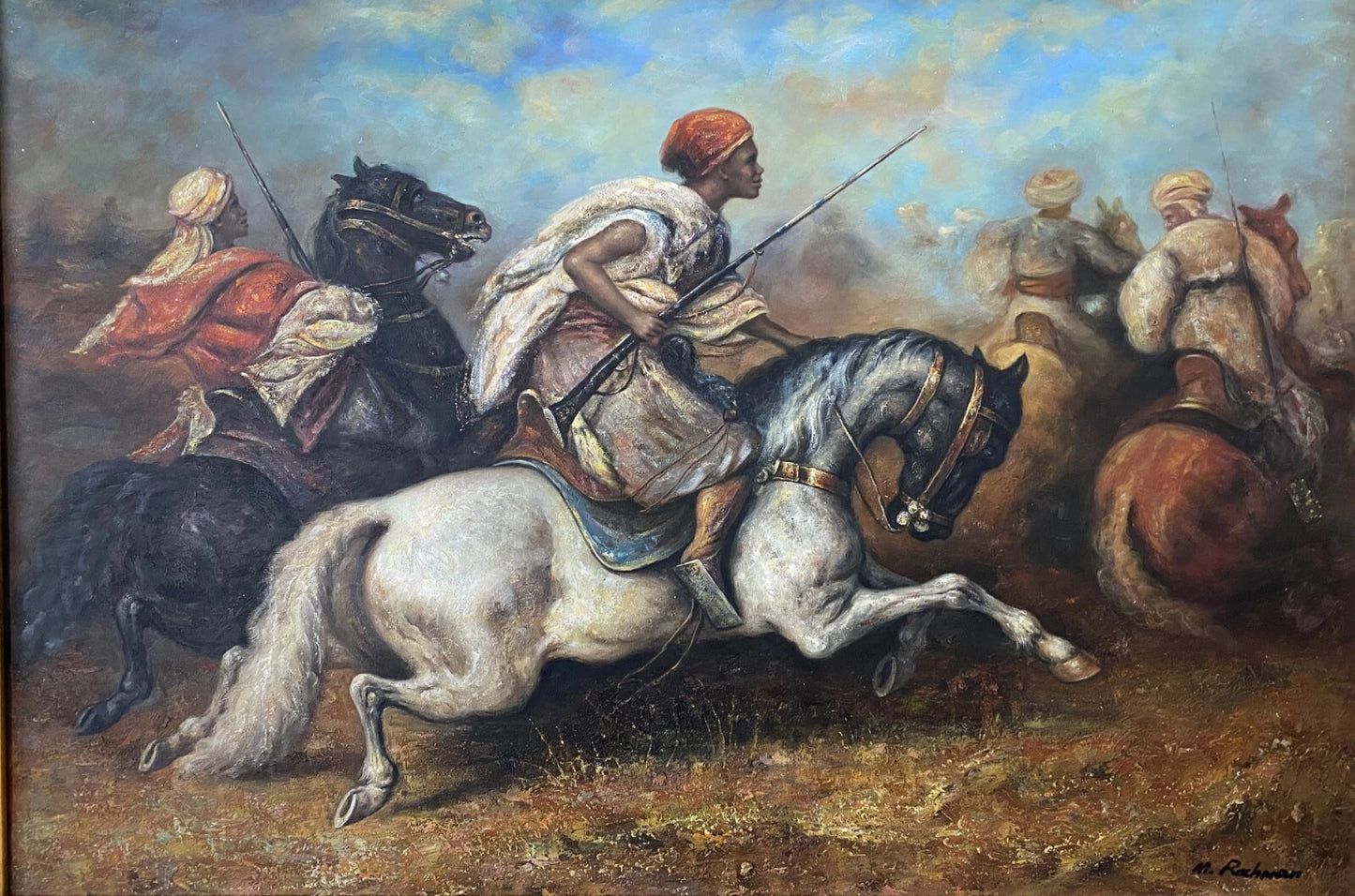 guerriers arabes tableau peinture huile sur toile originale orientaliste avec cadre