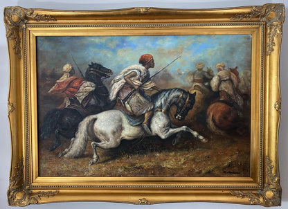 guerriers arabes tableau peinture huile sur toile originale orientaliste avec cadre